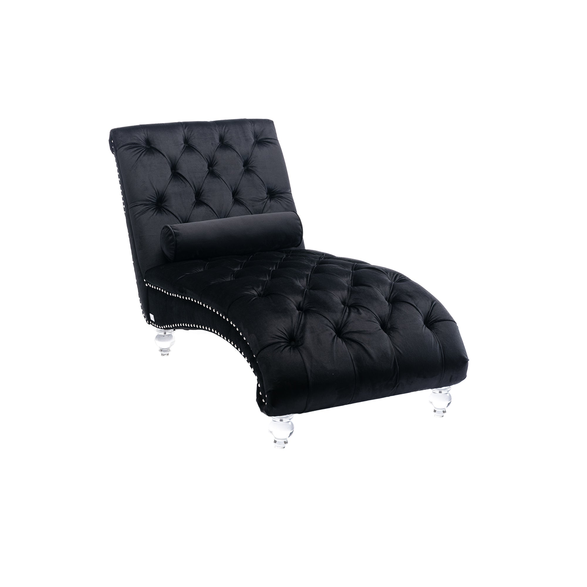Velvet Chaise Lounge Indoor, Button-Tufted Upholstered Chair with Pillow, Black Velvet, 63.38x28.94x34.05 inches - Grand Goldman Shop