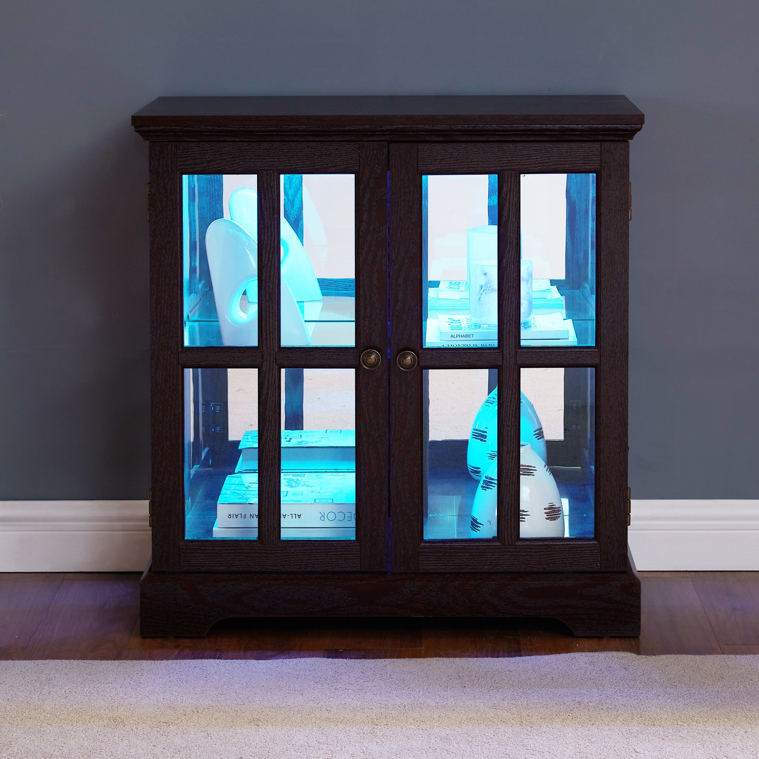 LED Curio Display Cabinet,Antique Display Cabinet with Adjustable Shelves,Retro Design Quality Showcase with Lattice Doors Elegant Bookcase and Storage Cabinet for Home Decor and Organization CHE - Grand Goldman Shop
