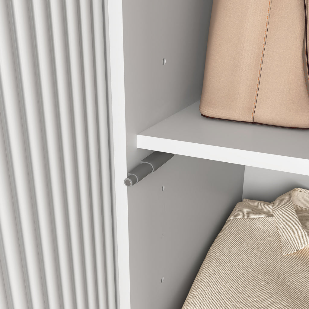 4 Doors Wardrobe Closet with Mirror, LED Wardrobe with Doors and 2 Drawers, Wooden Wardrobe Storage Cabinet with Hanging Rod, Adjustable Shelves, White - Grand Goldman Shop