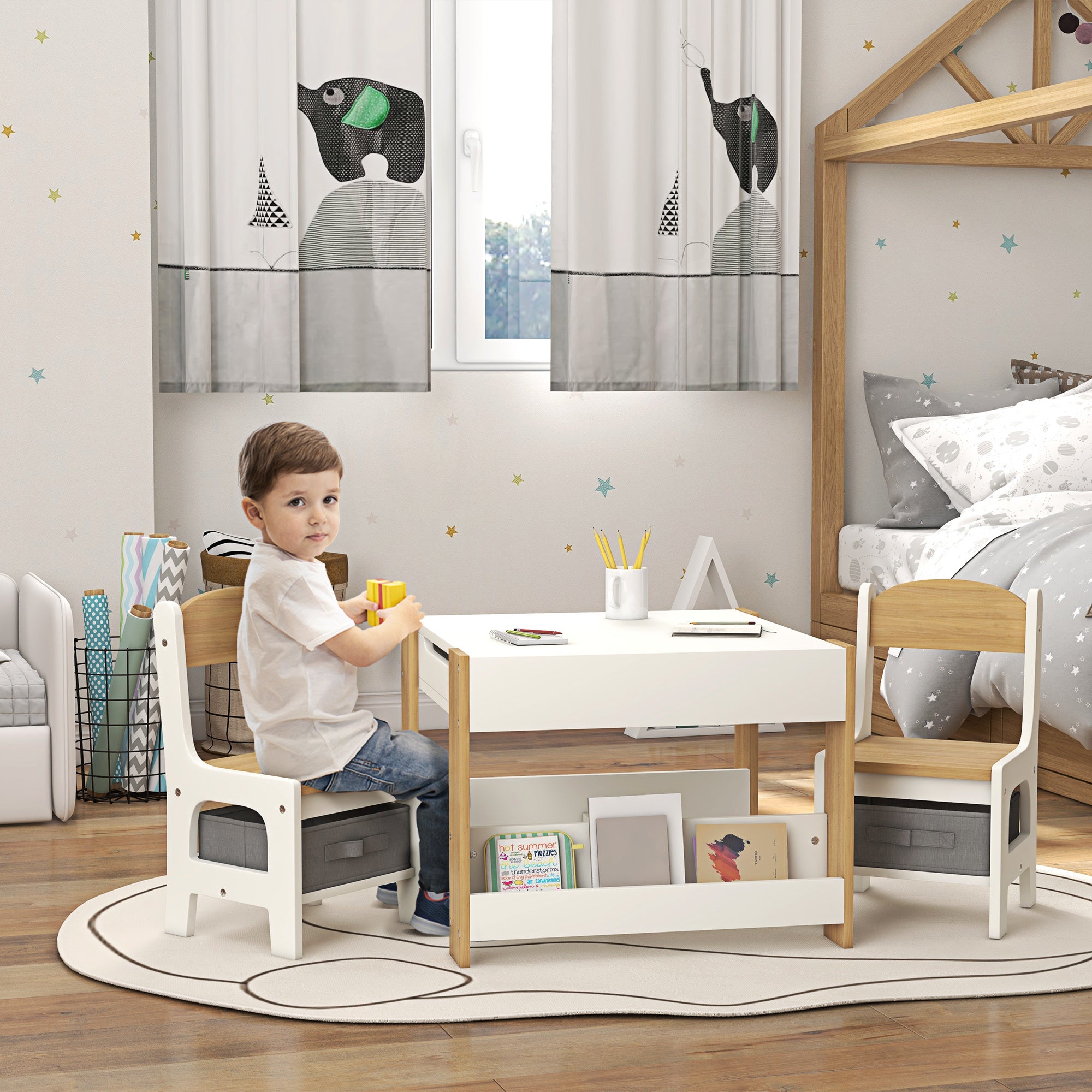 Qaba 3 Piece Kids Table and Chair Set, 2 in 1 Toddler Table and Chair Set with Reversible Tabletop Blackboard, Storage & Book
