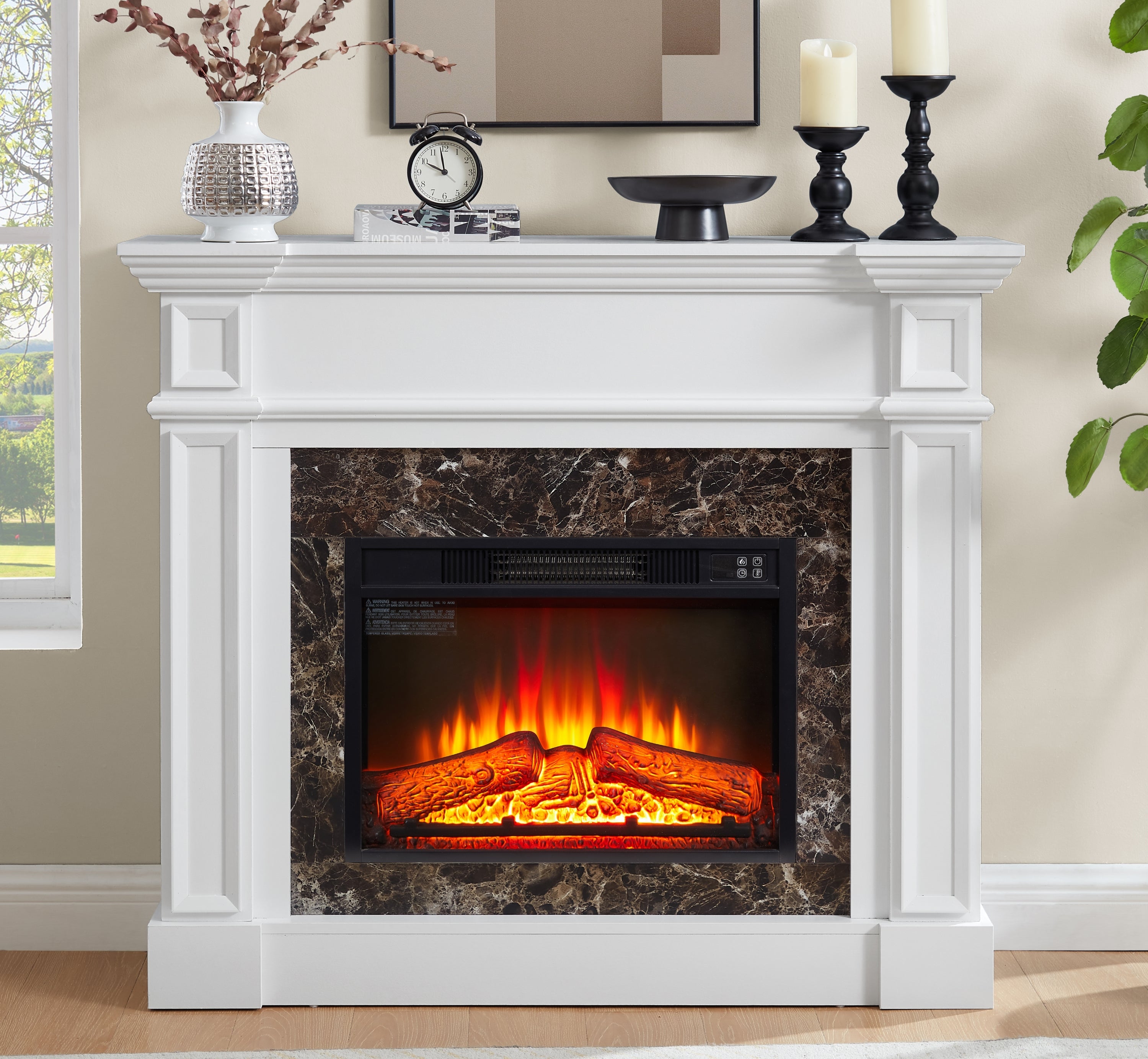 Electric Fireplace with Mantel, Fireplace Mantel, Fireplace Heater Freestanding, Realistic Stacked Stone Surround with Remote Control Timer LED Flame, White, 45.66'W*11.8'D*40'H - Grand Goldman Shop