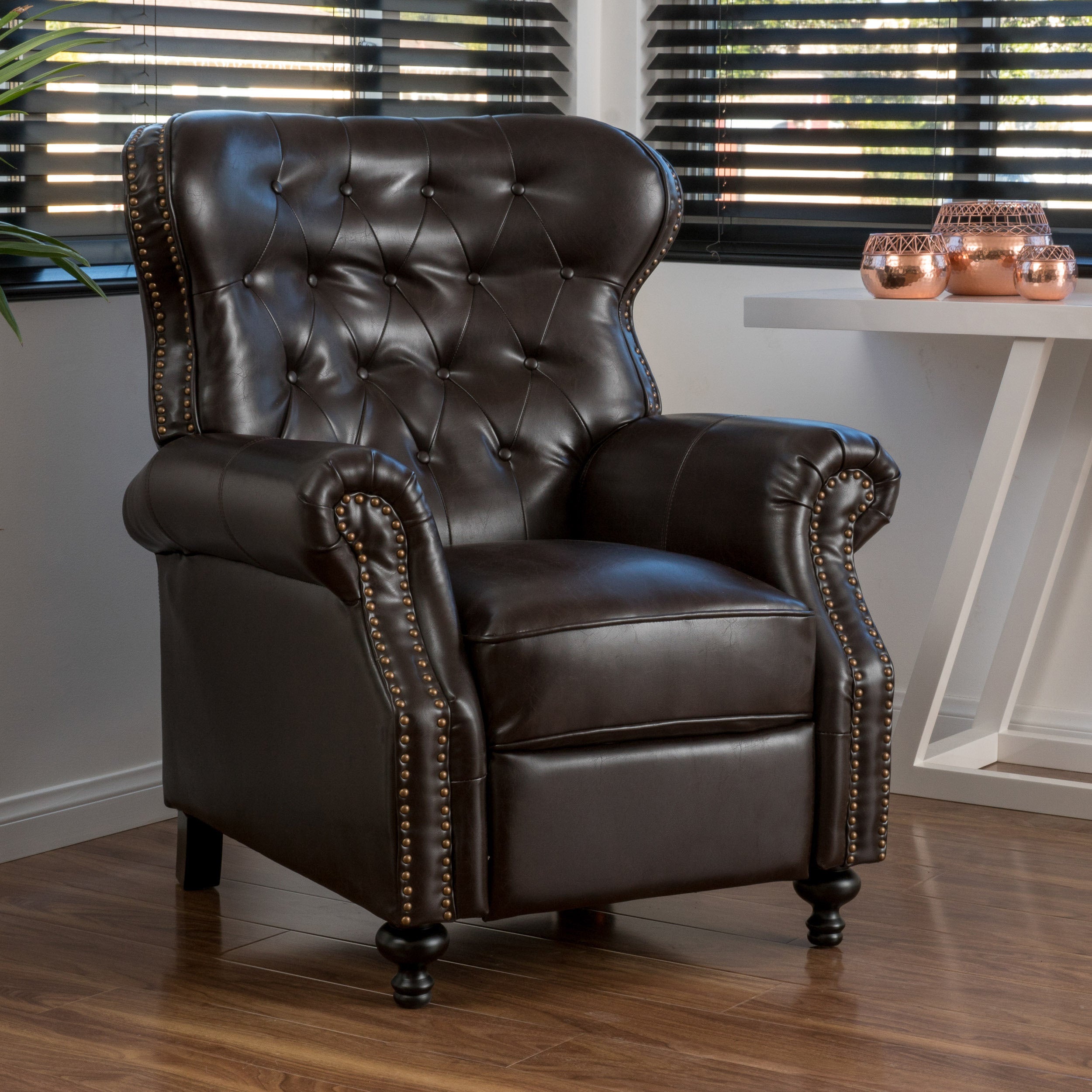 Contemporary Style Push Back Recliner with Button-Tufted Stitching and Nailhead Trim in Dark Brown PU - Grand Goldman Shop