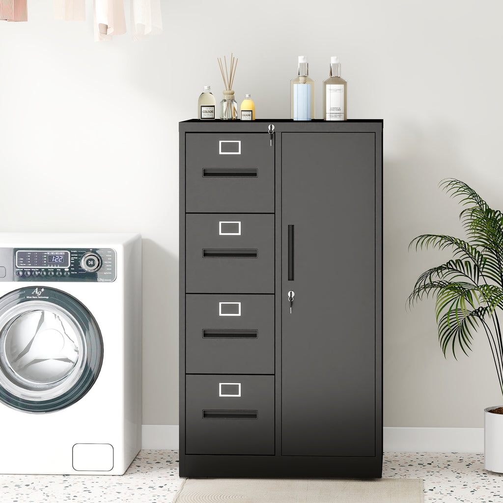 Metal Storage Vertical Filing Cabinet with Lock, Steel File Locker with 4 Drawers and 1 door for School, Living Room, Bedroom