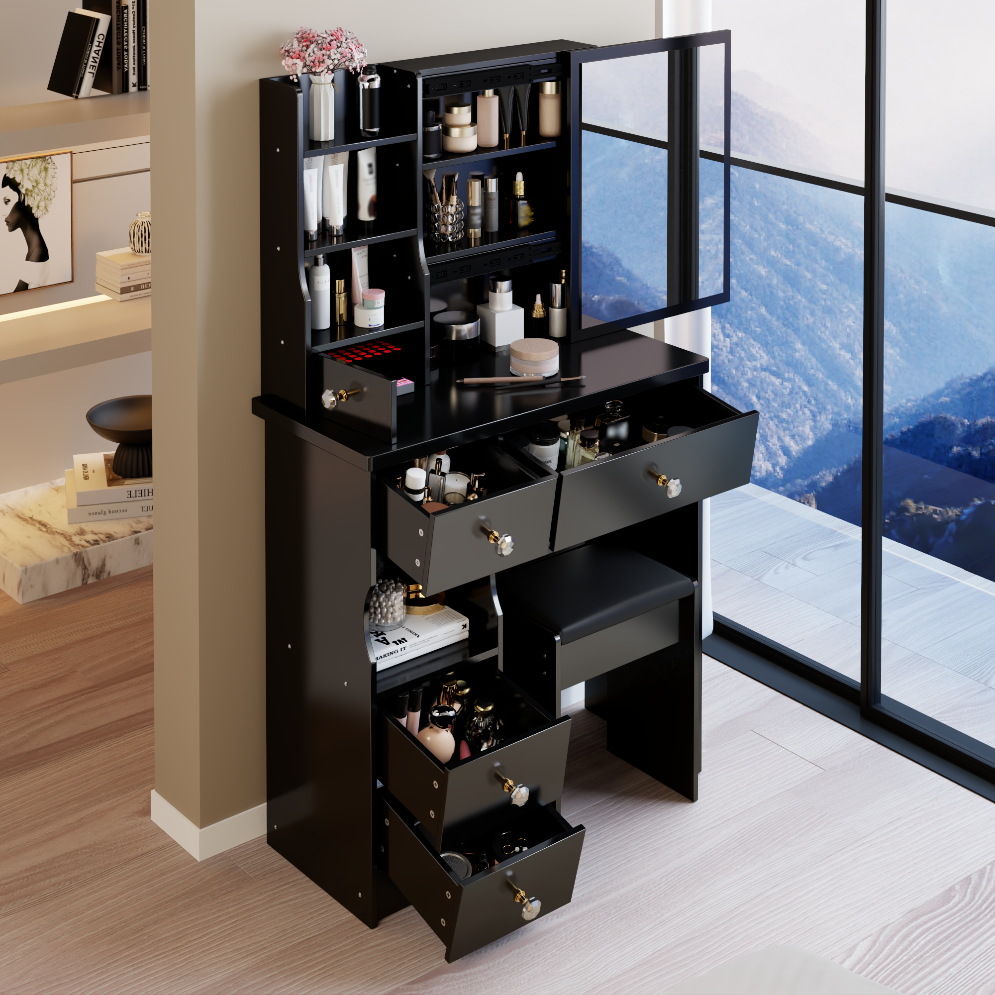 29.2' Small Size Left Drawer Desktop Vanity Table + Cushioned Stool, Extra Large Right sliding mirror, Multi Layer High Capacity Storage, Practical Fashionable Dresser, Suitable For Small Space - Grand Goldman Shop