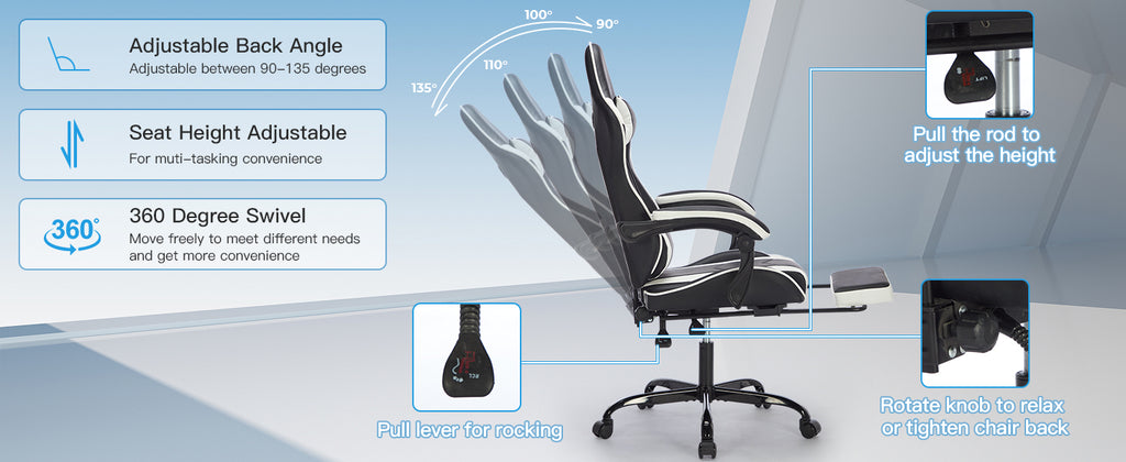 Gaming Chair with Footrest, Ergonomic Computer Chair with Headrest and Lumbar Support, Breathable Material Height Adjustable 