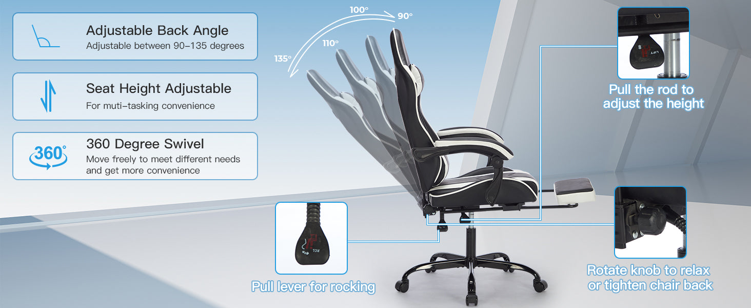 Gaming Chair with Footrest, Ergonomic Computer Chair with Headrest and Lumbar Support, Breathable Material Height Adjustable 
