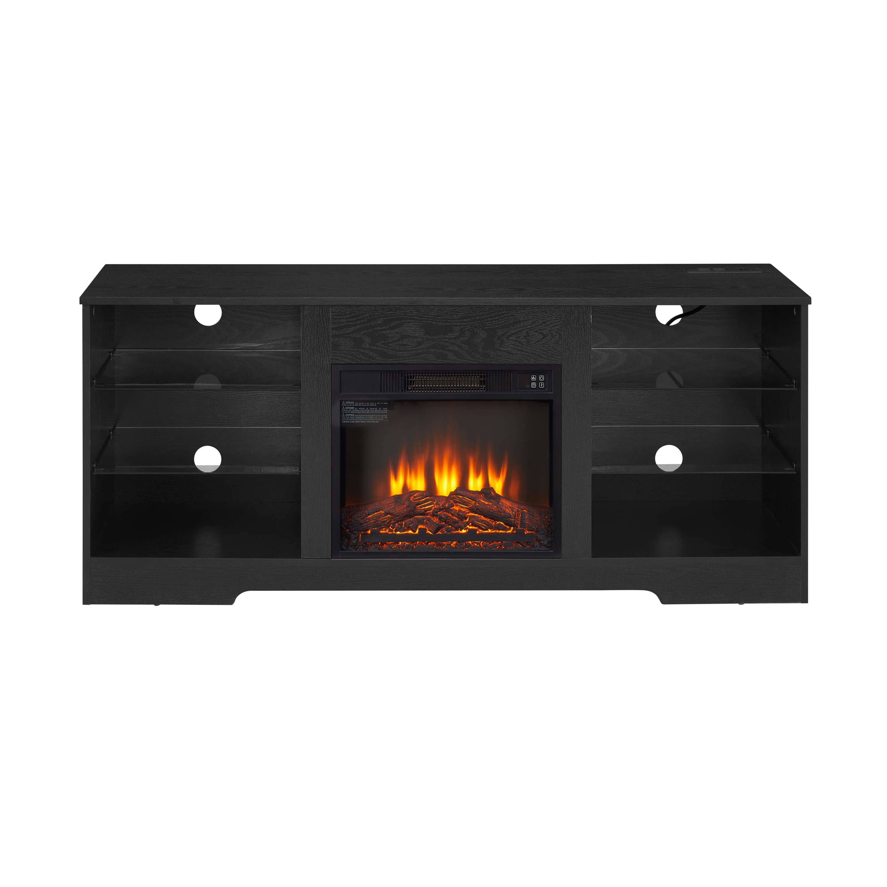 TV Stand Electric Fireplace TV Stand with Glass Shelves, 3D Fireplace TV Stand with LED Lights Wood with USB Charging Outlet Modern Television Table Center for TV up to 32-62' Black 58''W*15.4''D*24.6 - Grand Goldman Shop