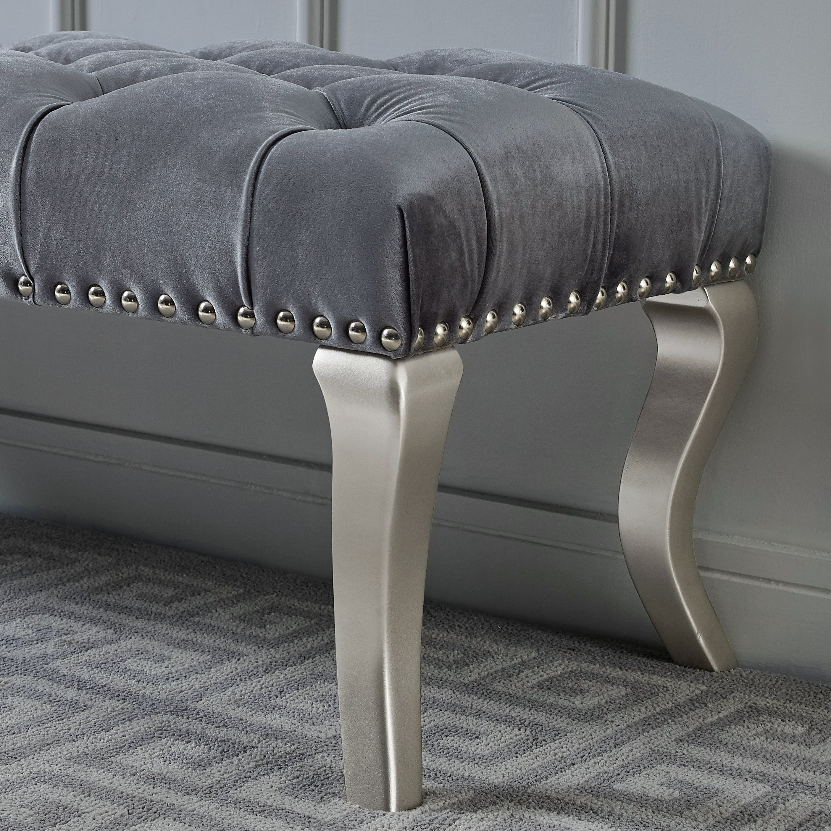 Decor Maxem Tufted Fabric Upholstered Bench Nailhead Trim , Gray - Grand Goldman Shop