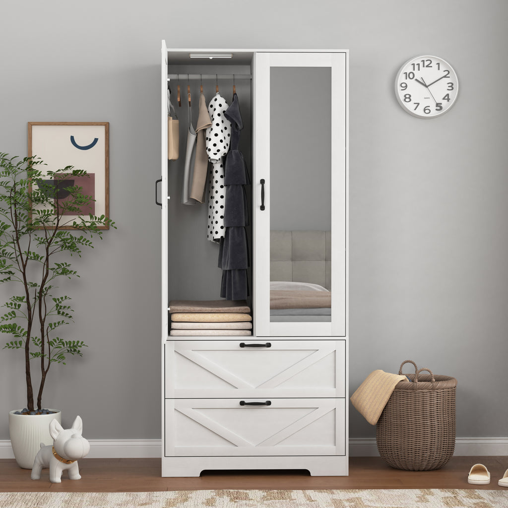 2 Door Wood Wardrobe for Bedroom with Hanging Clothing Rod inside the Cabinet and 2 Drawers for Storage Organization, Built-in induction light Multifunctional Closet with Mirror, White - Grand Goldman Shop