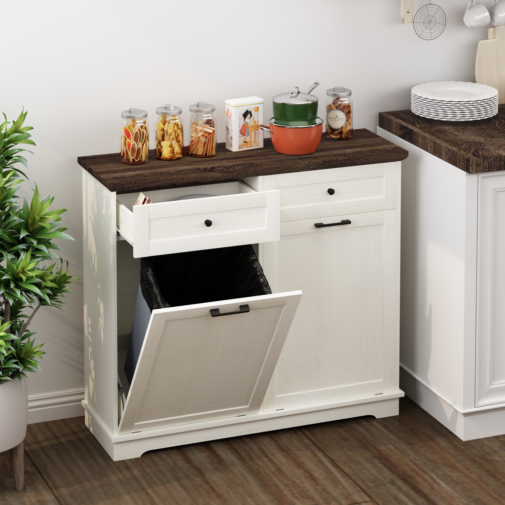 20 Gallon Tilt Out Trash Cabinet Freestanding Trash Bin Cabinet Wood Garbage Recycling Cabinet with Drawer Pet Proof Trash Can Holder for Kitchen Living Room, Antique White (Not include trash can) - Grand Goldman Shop