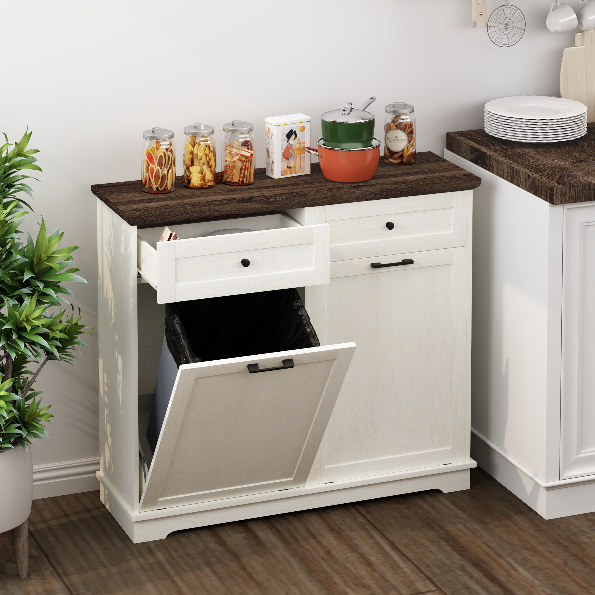 20 Gallon Tilt Out Trash Cabinet Freestanding Trash Bin Cabinet Wood Garbage Recycling Cabinet with Drawer Pet Proof Trash Can Holder for Kitchen Living Room, Antique White (Not include trash can) - Grand Goldman Shop