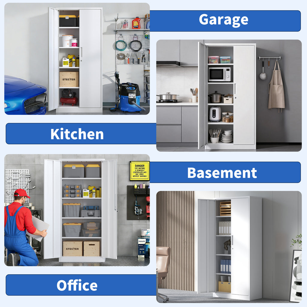 71'H Metal Garage Storage Cabinet, White Tool Steel Locking Cabinet with Doors and 4 Adjustable Shelves, Tall Cabinets for Ga