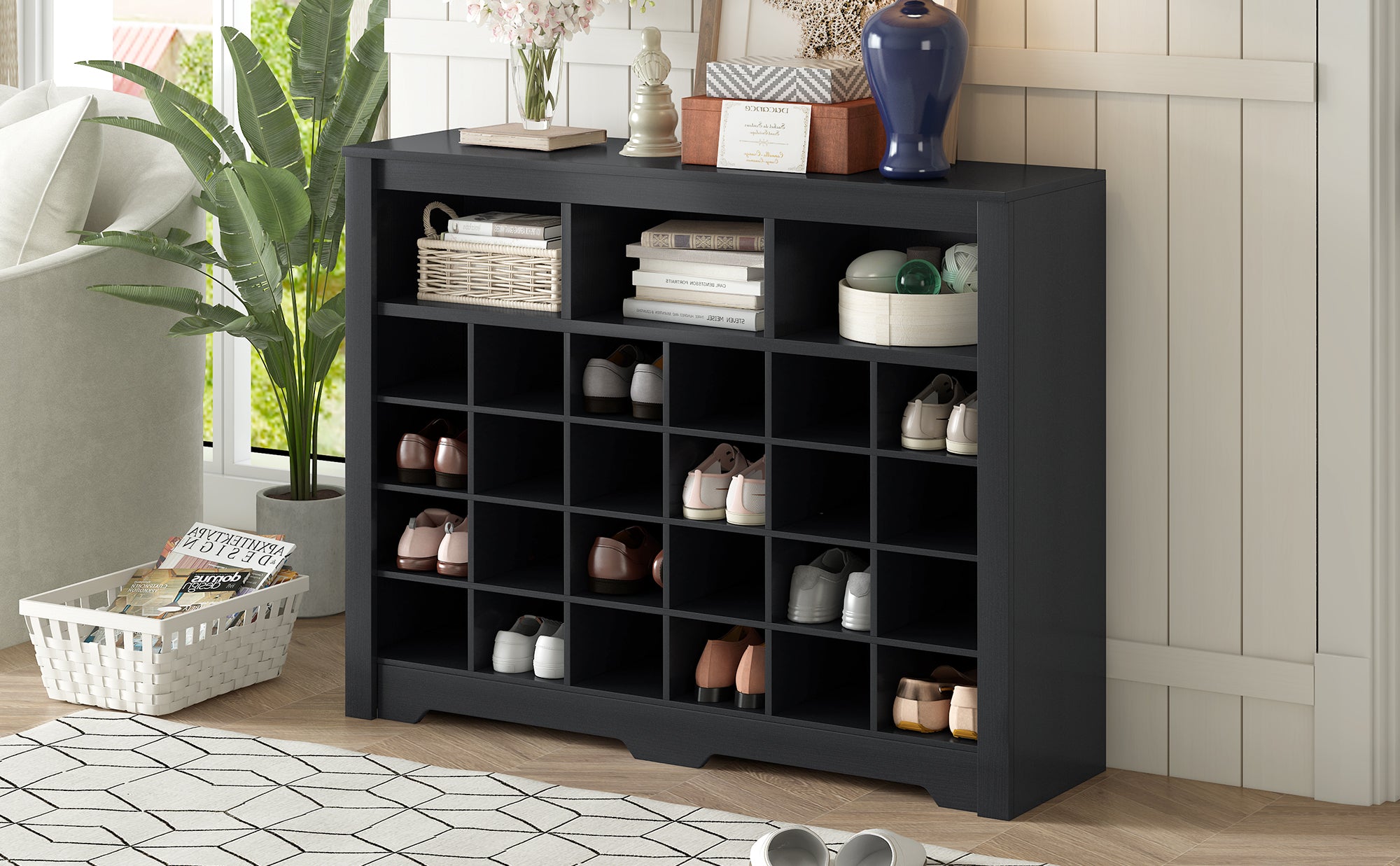 ON-TREND Sleek Design 24 Shoe Cubby Console, Modern Shoe Cabinet with Curved Base, Versatile Sideboard with High-quality for Hallway, Bedroom, Living Room, Black - Grand Goldman Shop