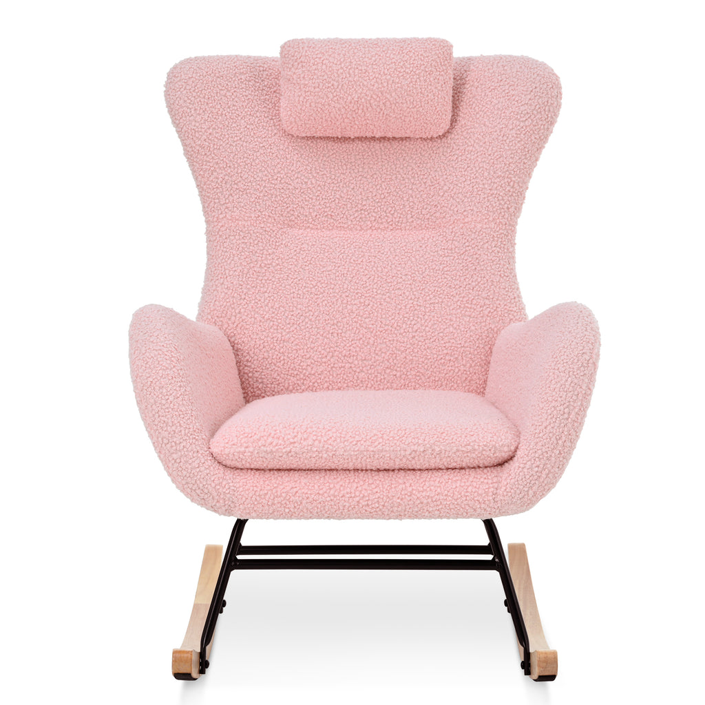 Rocking Chair Nursery, Teddy Upholstered Rocker Glider Chair with High Backrest, Adjustable Headrest & Pocket, Comfy Glider Chair for Nursery, Bedroom, Living Room, Offices, Rubber wood, pink - Grand Goldman Shop