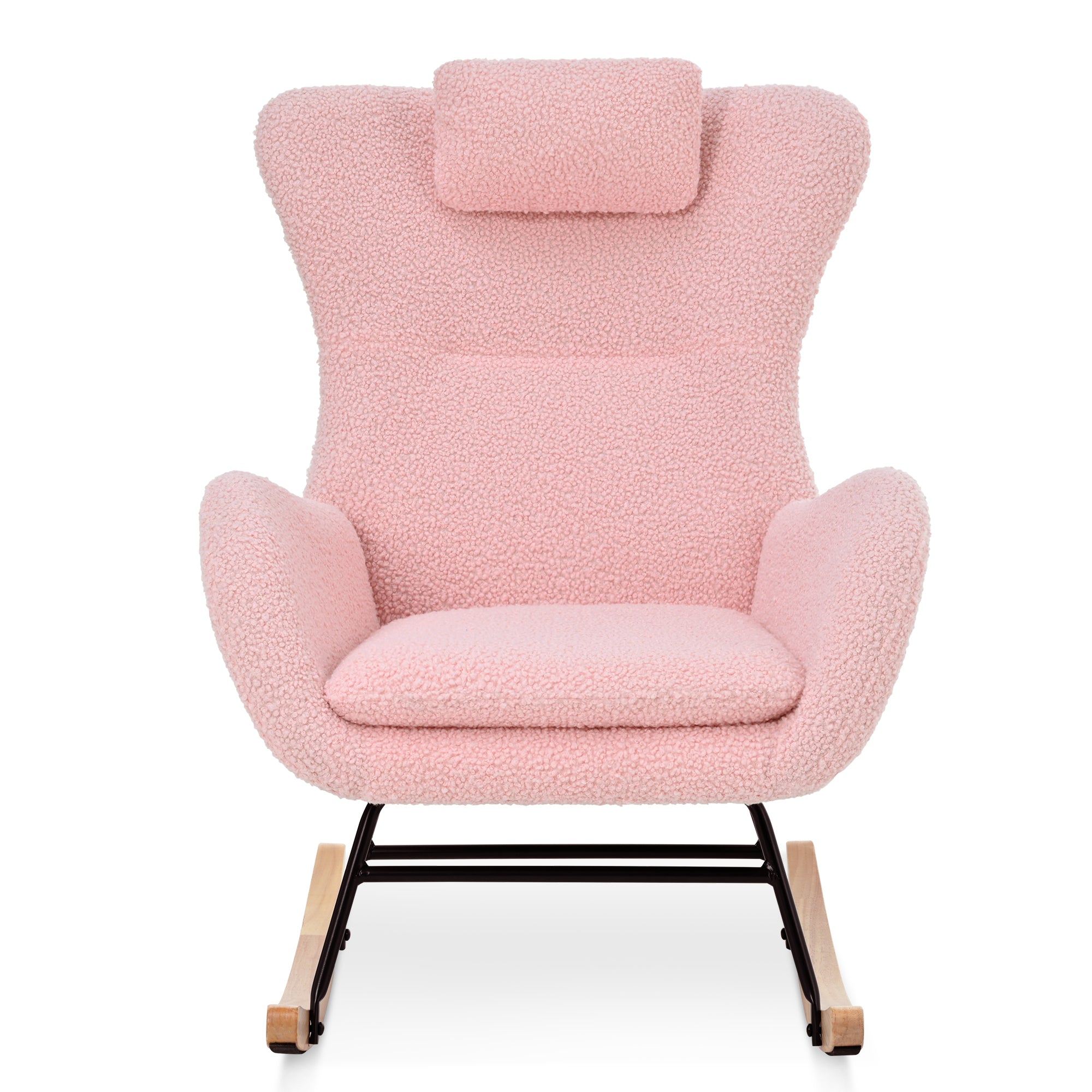 Rocking Chair Nursery, Teddy Upholstered Rocker Glider Chair with High Backrest, Adjustable Headrest & Pocket, Comfy Glider Chair for Nursery, Bedroom, Living Room, Offices, Rubber wood, pink - Grand Goldman Shop