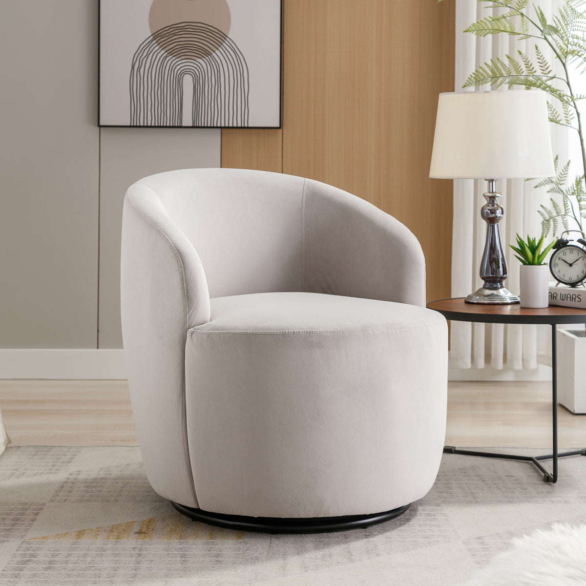 Velvet Fabric Swivel Accent Armchair Barrel Chair With Black Powder Coating Metal Ring,Gray - Grand Goldman Shop