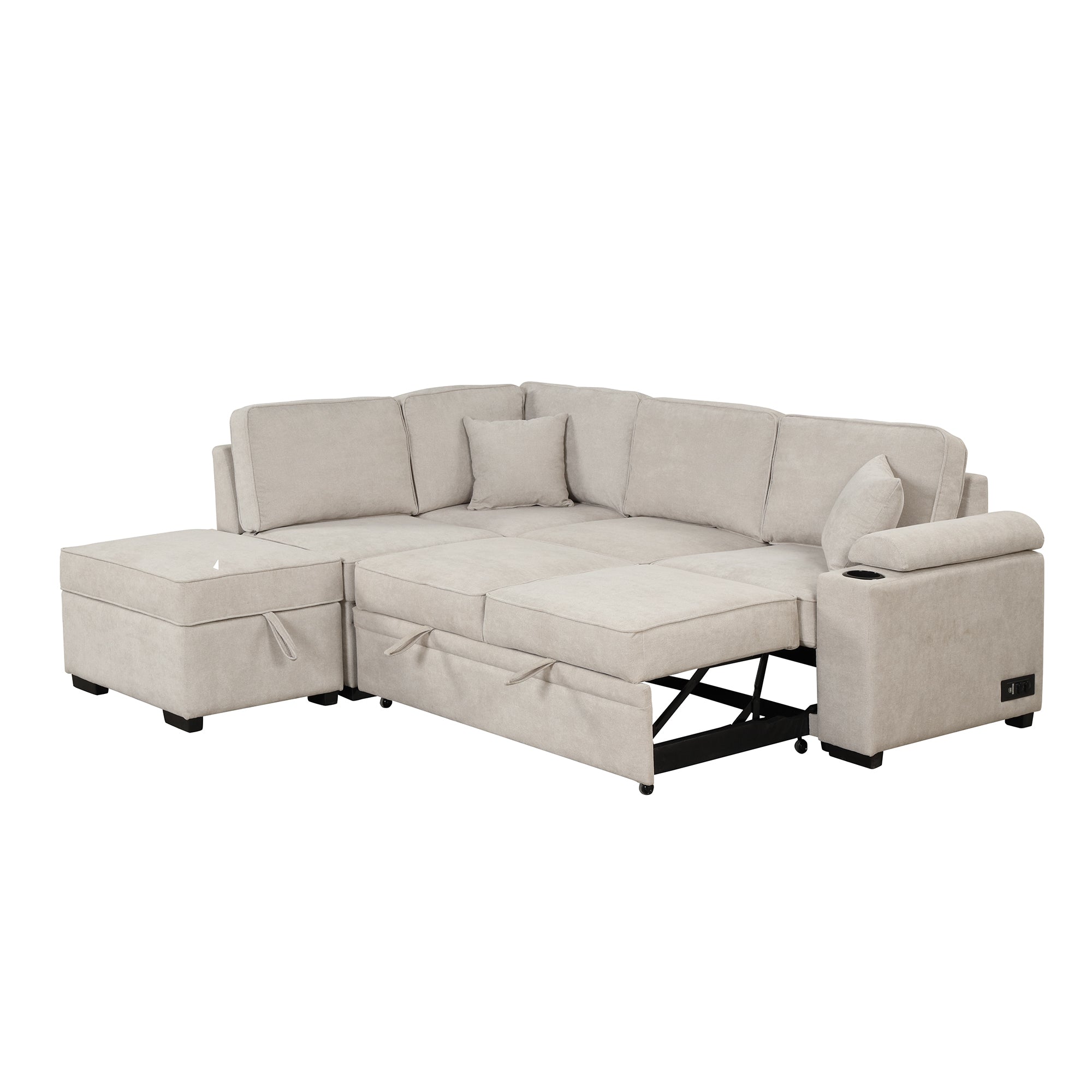 2 in 1 Sleeper Sofa Bed with Storage Ottoman, Beige Linen Upholstery, 84.75' L Shape Couch for Small Spaces - Grand Goldman Shop