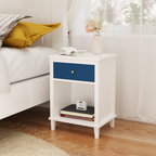 Navy+Golden Handle Wooden Nightstand with One Drawer One Shelf for Kids and Adults, White+Navy Finish, MDF Material, 26.77''H - Grand Goldman Shop
