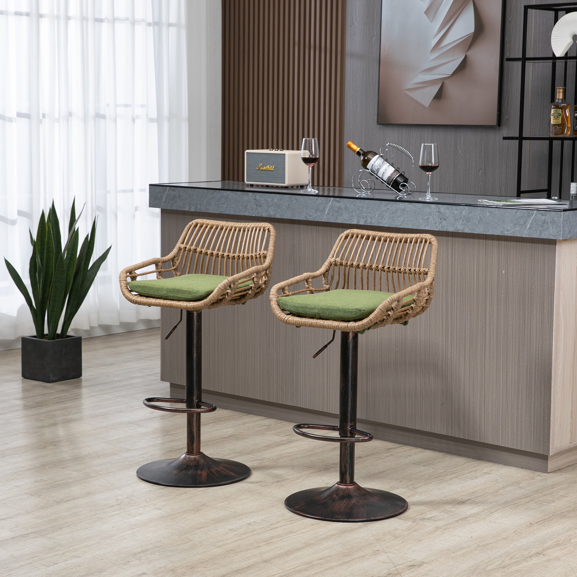 COOLMORE Modern Swivel Bar Stools Set of 2 with Adjustable Height and Footrest in Green Linen - Grand Goldman Shop