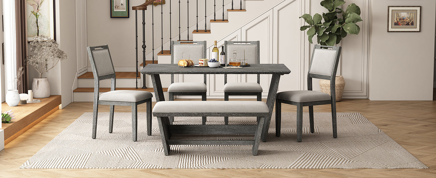 TREXM 6-Piece Retro Dining Table Set for 6, 60' Wood Kitchen Table and Chairs Set of 4 with Bench Designed Trestle Base for kitchen & Dining Room (Gray) - Grand Goldman Shop