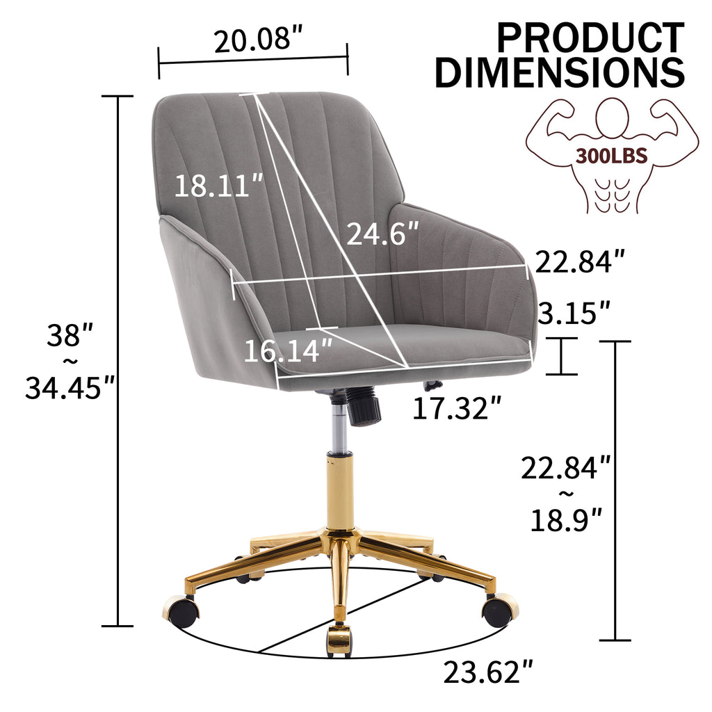 TY Adjustable Office Chair, Ergonomic Swivel Chair, Gray Velvet, Comfortable for Long Sitting | Premium Home Decor - Grand Go