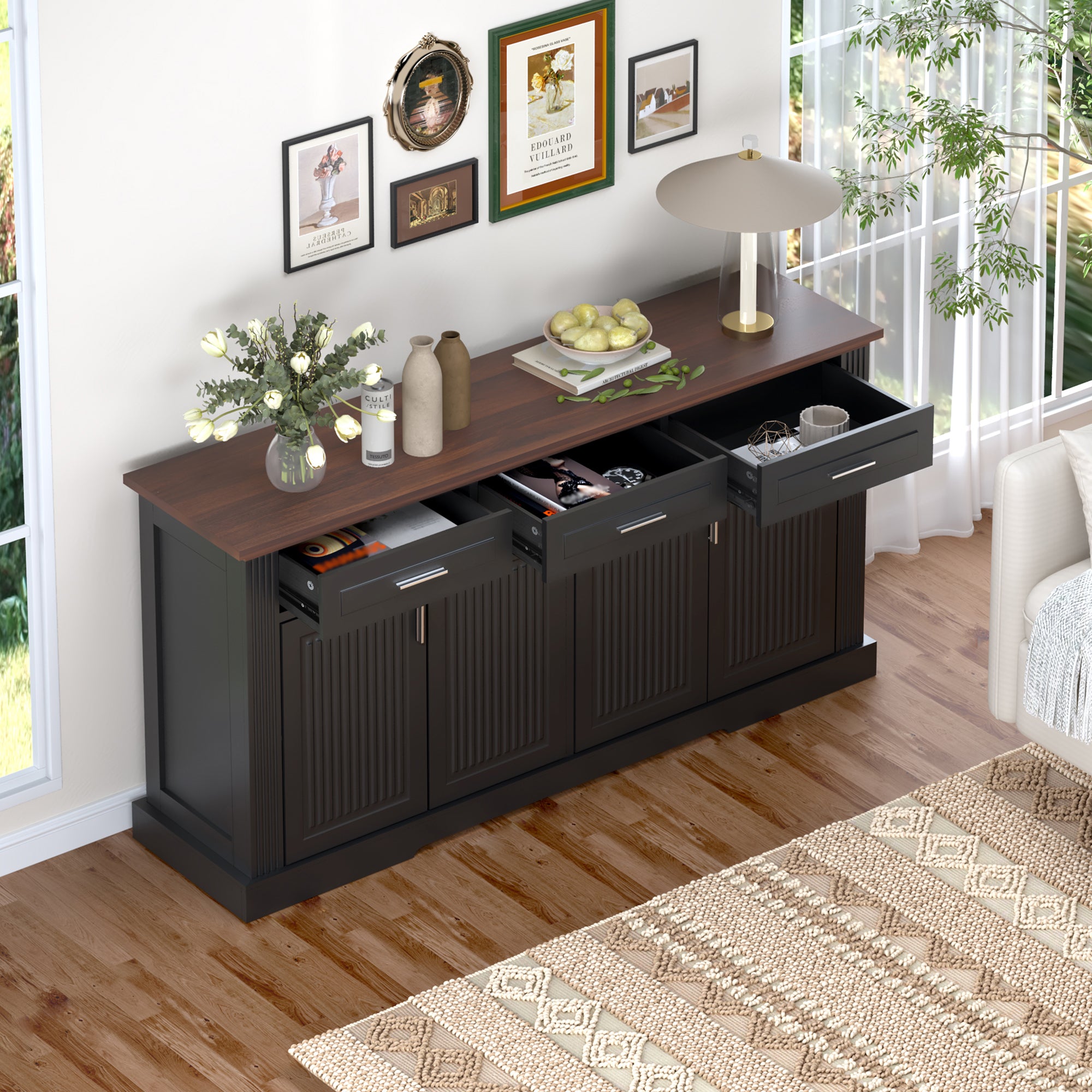 Black Fluted Sideboard Buffet Cabinet with 4 Doors and 3 Drawers, Modern Wood Kitchen Storage Console Table for Living Room Dining Room Entryway, 63' - Grand Goldman Shop