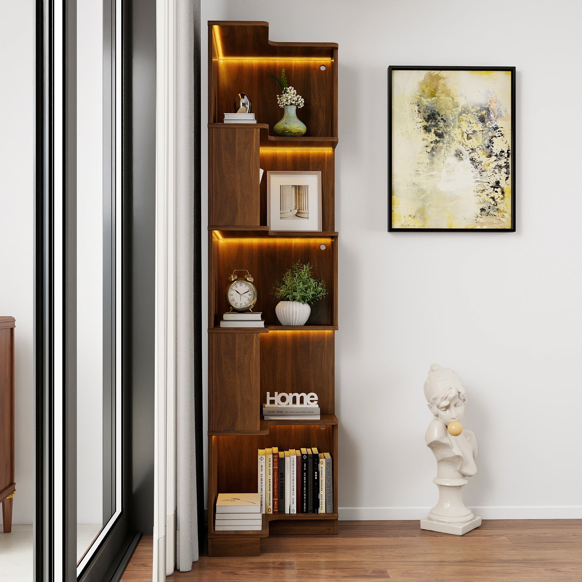 Corner Book Shelf - 5 Tier Corner Bookshelf  Bookcase with Baffle, Freestanding L Shaped Display Shelf Stand with led lights for Home Office, Living Room, Bedroom, Kitchen - Grand Goldman Shop