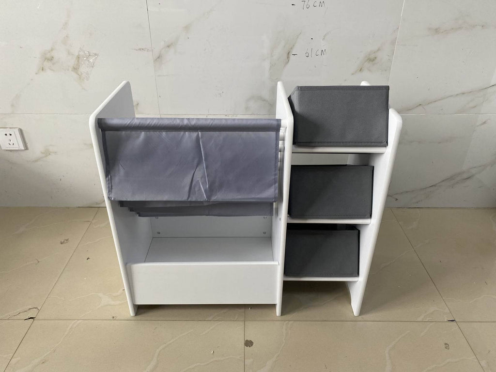 Kids Bookshelf and Toy Storage Organizer, Multifunctional 4-Tier White MDF Bookshelf with 3 Collapsible Fabric Drawers for Nu