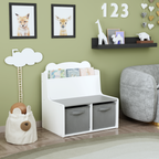 Kids Bookshelf with Storage Bins – Wooden Bookcase with Book Display Shelf and 2 Fabric Bins, Cute Bear-Shaped Backboard, Toy