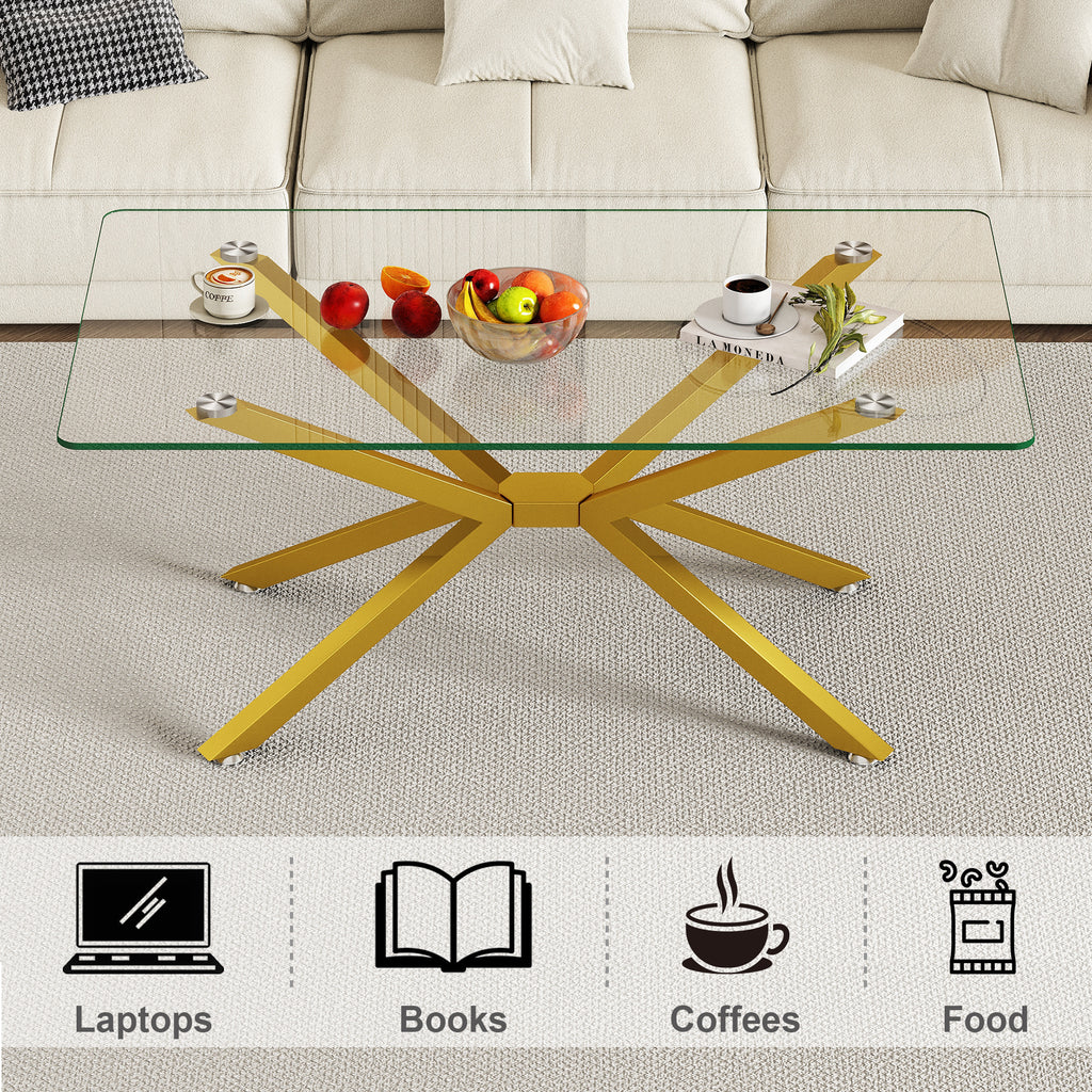 39.37' Rectangular Clear Tempered Glass Coffee Table,Stylish Design with Gold Metal Legs, Coffee Table for Living Room - Grand Goldman Shop