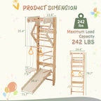 6-in-1 Swedish Ladder Wall Gym, Indoor Kids Playground with Swing, Rope Ladder, Pull-Up Bar, Slide, Gymnastic Rings, Wooden W