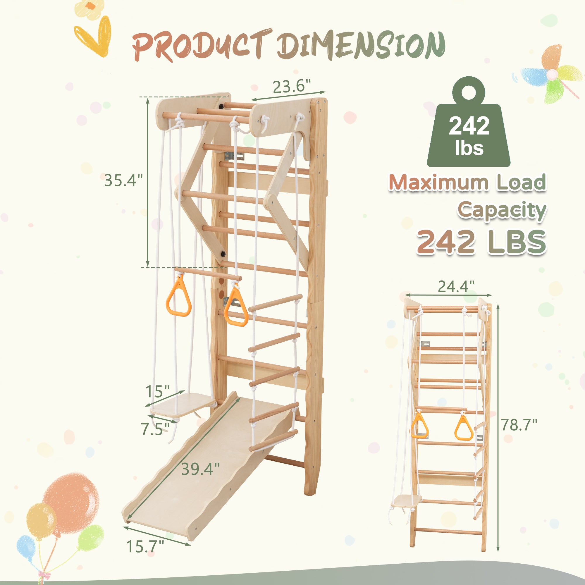 6-in-1 Swedish Ladder Wall Gym, Indoor Kids Playground with Swing, Rope Ladder, Pull-Up Bar, Slide, Gymnastic Rings, Wooden W