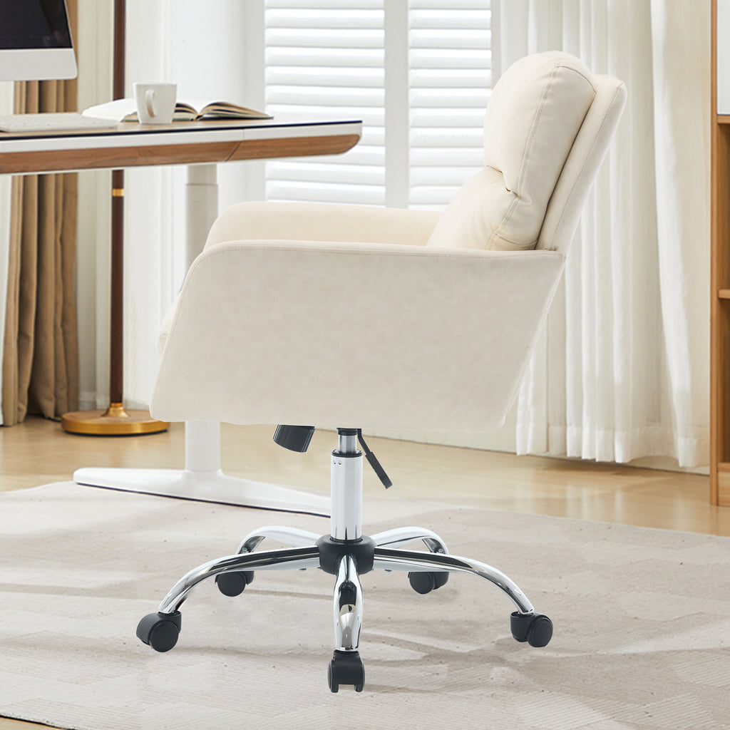 Modern Office Chair with Adjustable Height, White PU Leather Upholstery, Metal Frame for Office, Bedroom, Dressing Table Use 