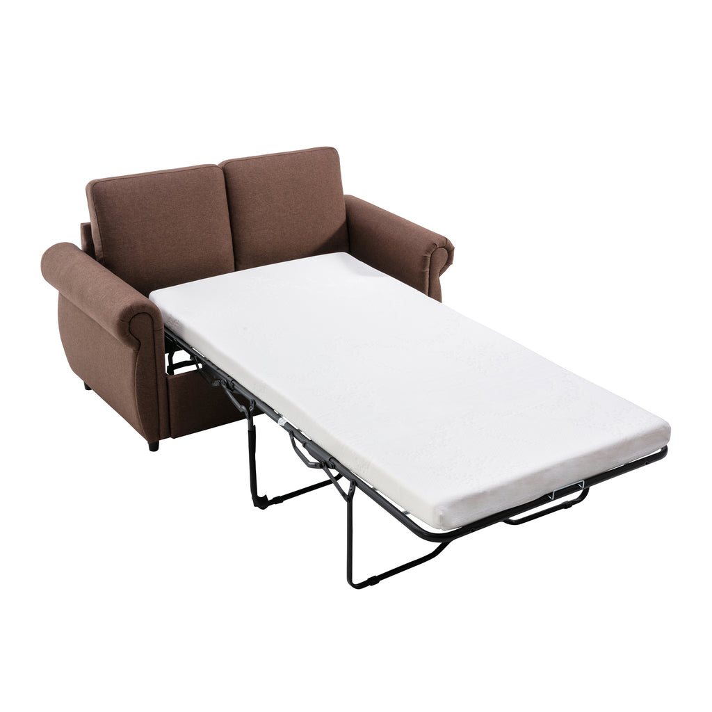 Orisfur Pull Out Sofa Bed Loveseat Sleeper with Twin Size Memory Mattress, USB Ports, Brown Linen, 57.9' - Grand Goldman Shop