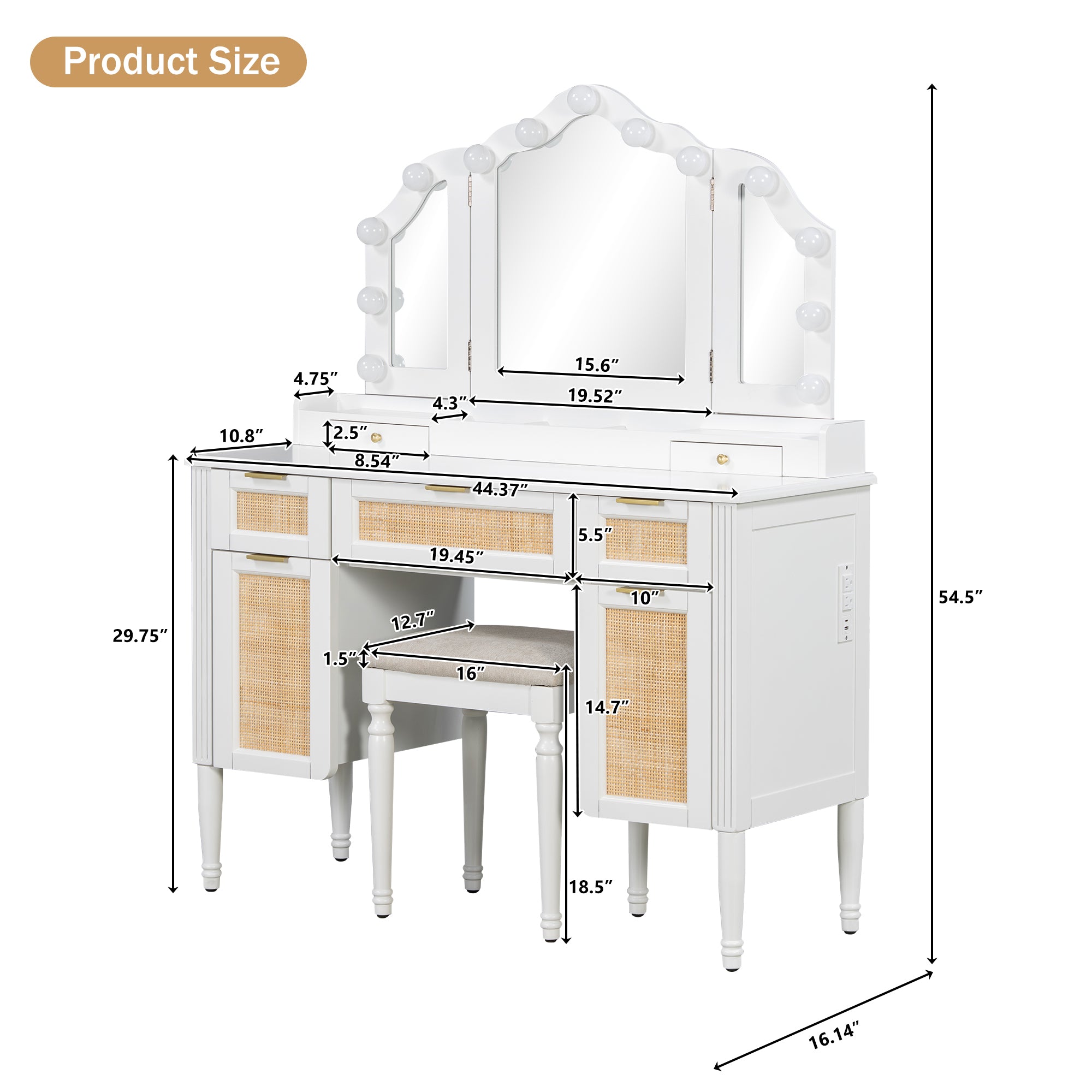 44.37 ' Makeup Vanity Desk with 13 Hollywood Bulbs and 3 Lighting Modes, Dressing Table with Tri-Fold Mirror   Large Vanity Table with 5 Drawers and Shelves and  Charging Station for Bedroom, White - Grand Goldman Shop