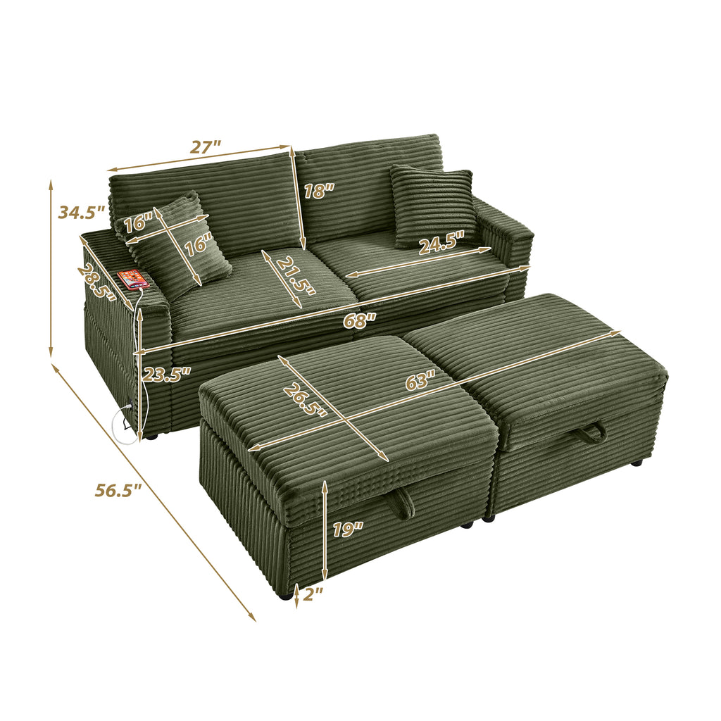 Comfortable Fluffy Corduroy Lazy Sofa, Storage Space for Big Loveseat, Super Soft Chaise Lounge with Double Ottomans and Table Board,Suitable for Chailiving - Grand Goldman Shop