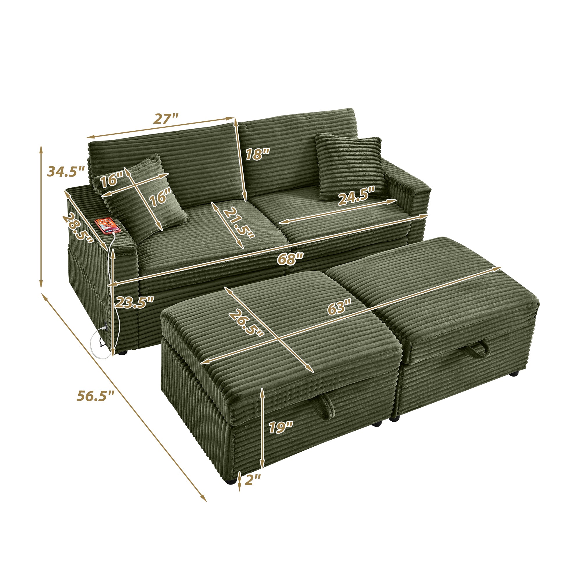 Comfortable Fluffy Corduroy Lazy Sofa, Storage Space for Big Loveseat, Super Soft Chaise Lounge with Double Ottomans and Table Board,Suitable for Chailiving - Grand Goldman Shop