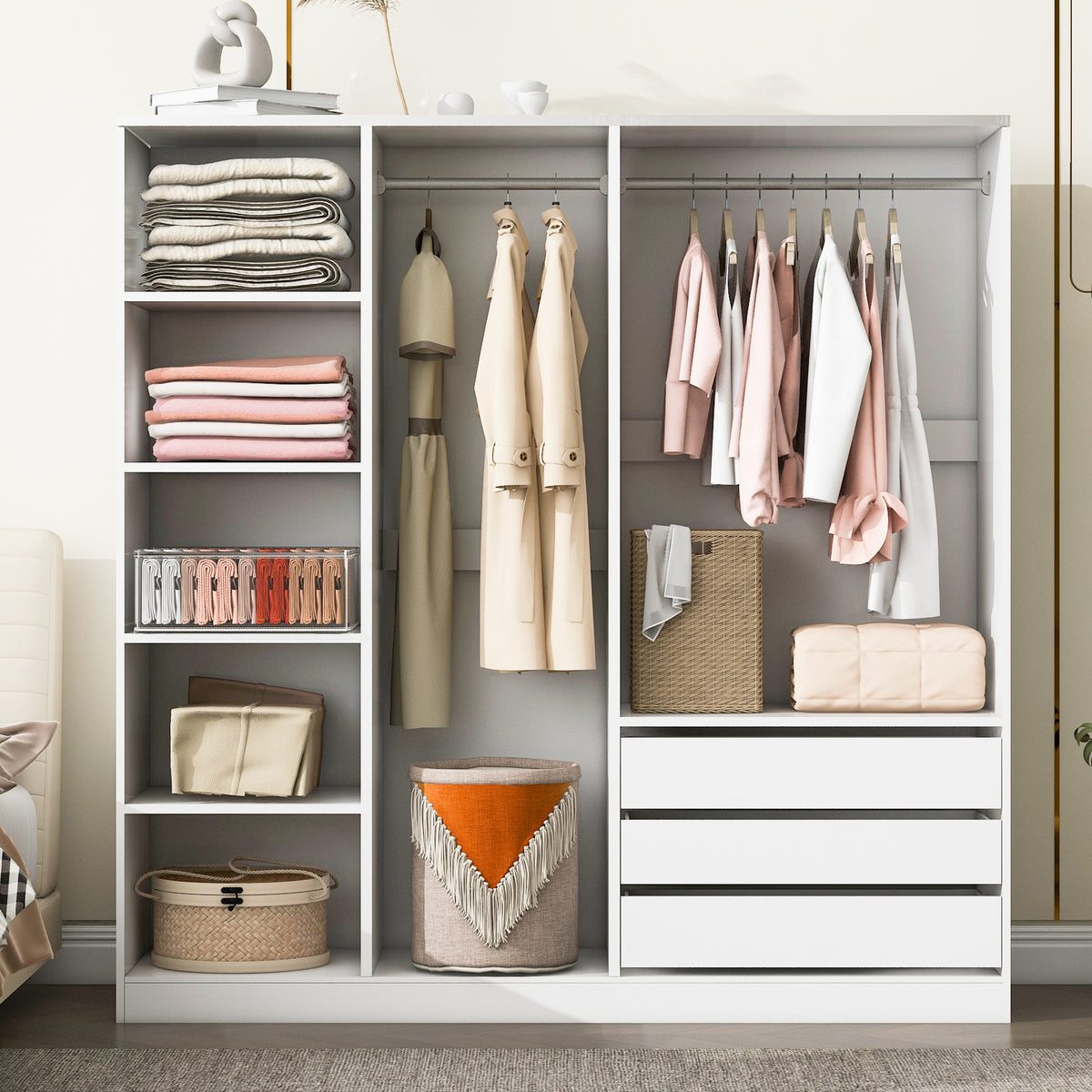 Doorless Wooden Storage Wardrobe for Dedroom with Shelves and 3 Drawers, White - Grand Goldman Shop