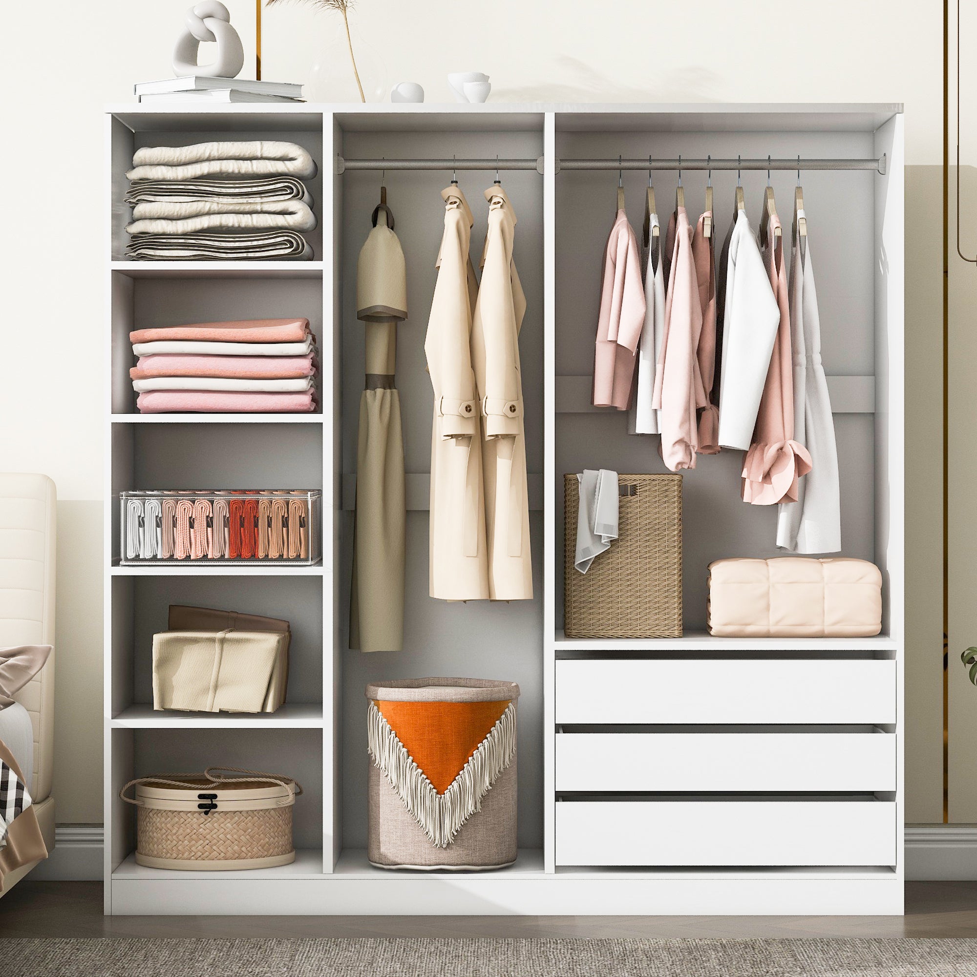 Doorless Wooden Storage Wardrobe for Dedroom with Shelves and 3 Drawers, White - Grand Goldman Shop