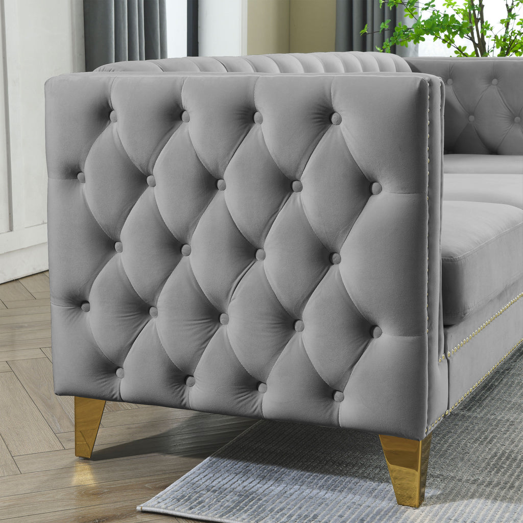 Modern Velvet Sofa with Button Tufting and Metal Legs, Grey Upholstered Couch for Living Room or Bedroom, 3-Seater, Solid Wood Frame, Soft Cotton-Filled Cushions - Grand Goldman Shop