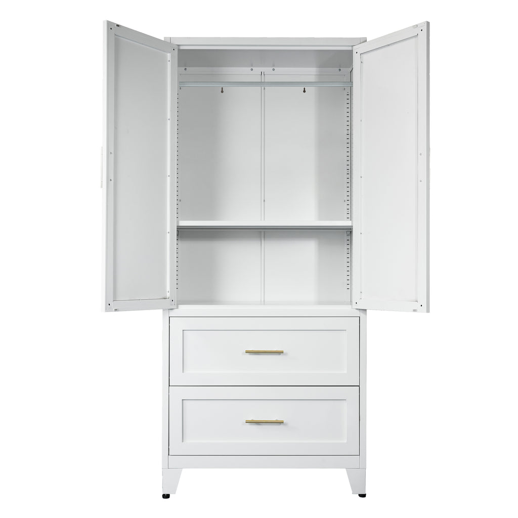71' Tall Metal Wardrobe Cabinet with 2 Drawers and Hanging Rod, 2 Doors Wardrobe Closet with Shelf for Bedroom, Office, Laundry Room,Entryway ,Foyer,Guesthouse (White) - Grand Goldman Shop