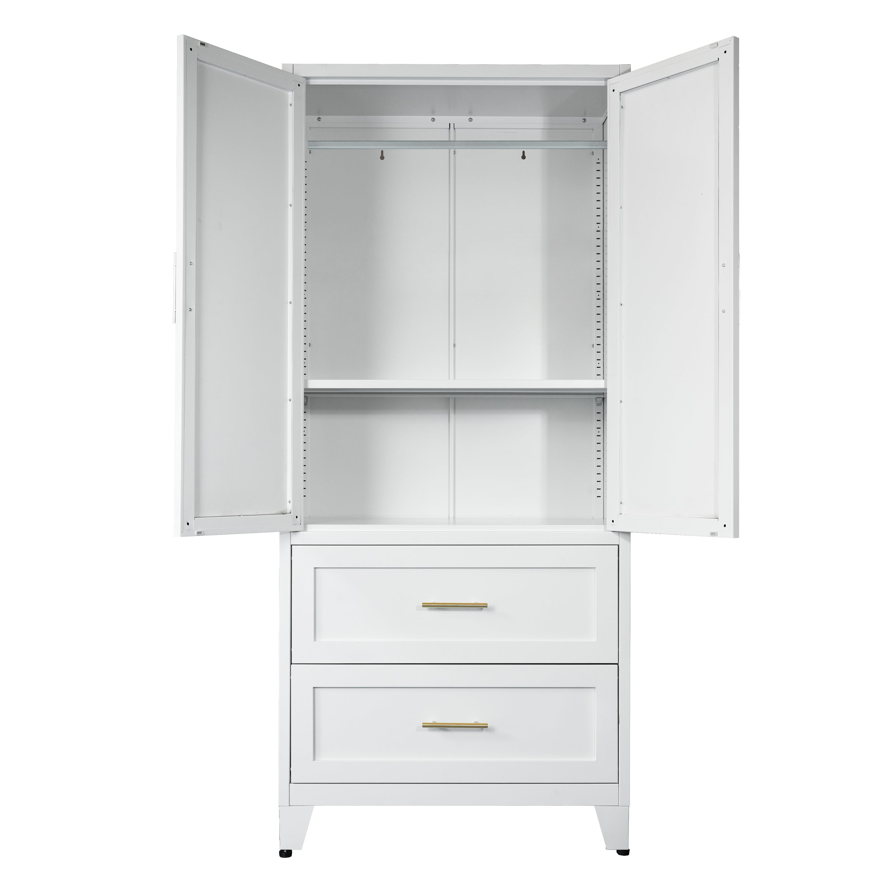 71' Tall Metal Wardrobe Cabinet with 2 Drawers and Hanging Rod, 2 Doors Wardrobe Closet with Shelf for Bedroom, Office, Laundry Room,Entryway ,Foyer,Guesthouse (White) - Grand Goldman Shop