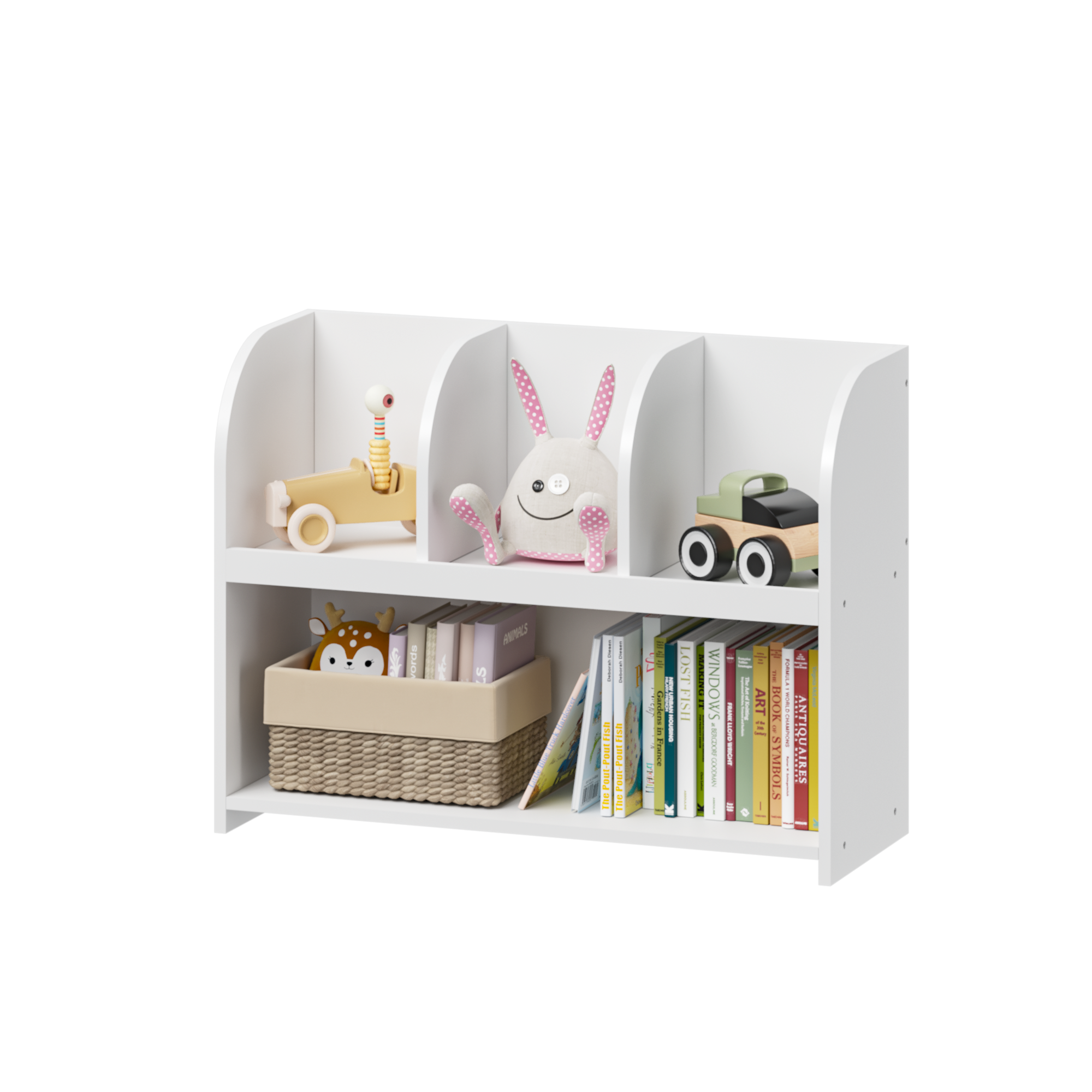 Kids Bookcase with 4 Compartments, White MDF Storage Shelf for Toys and Books, 31.5 x 11.8 x 23.6 inches | Premium Home Decor