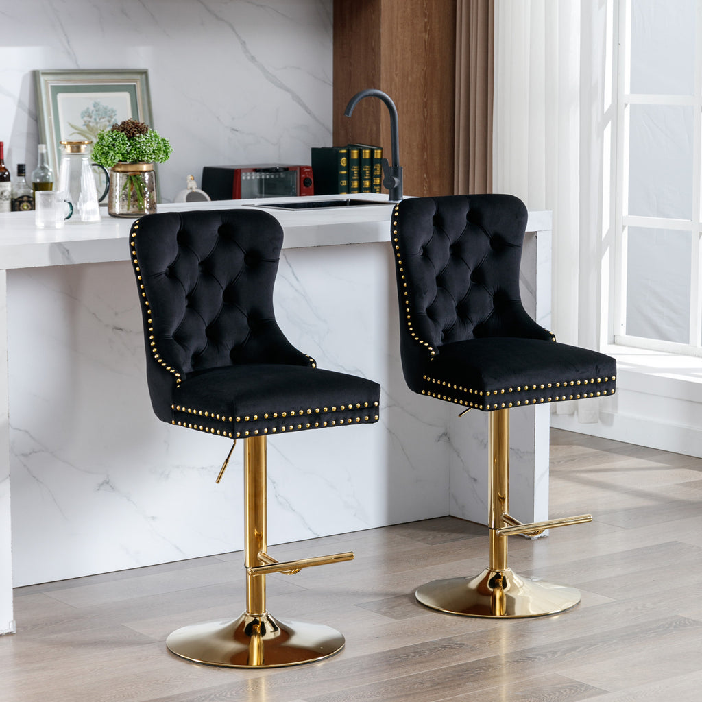 A&A Furniture Modern Swivel Velvet Barstools with Adjustable Seat Height, Comfortable Black Tufted Upholstery, Set of 2 - Grand Goldman Shop