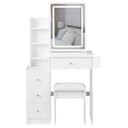 29.2' Small Size Bedside Cabinet Vanity Table + Cushioned Stool, 2 AC+2 USB Power Station, Hair dryer bracket, Extra Large Touch Control Sliding LED Mirror, 3-color Switching, EPA, GCC, UL Certificate - Grand Goldman Shop