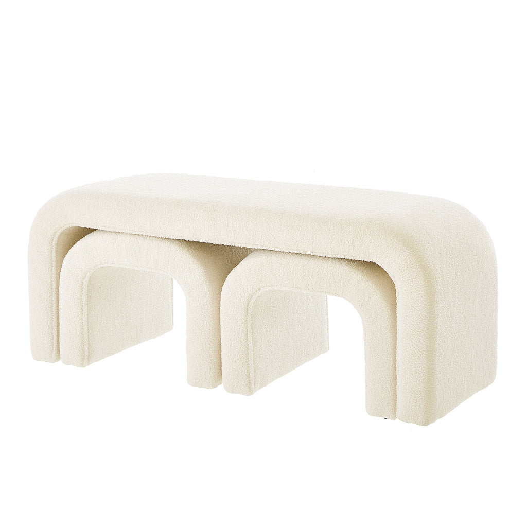 Set of 3 U-Shaped Modern Bench Teddy  Ottoman Bench for Entryway, Bedroom End of Bed, Set of 3 Small Sofa Footrest Extra Seating for Living Room, 44+18 Inch Bench Bench & Ottoman- Cream - Grand Goldman Shop