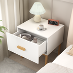 Modern White Nightstand with Drawer and Wood Legs, Minimalist Bedside Table with Handle for Bedroom, Living Room, Apartment - Grand Goldman Shop