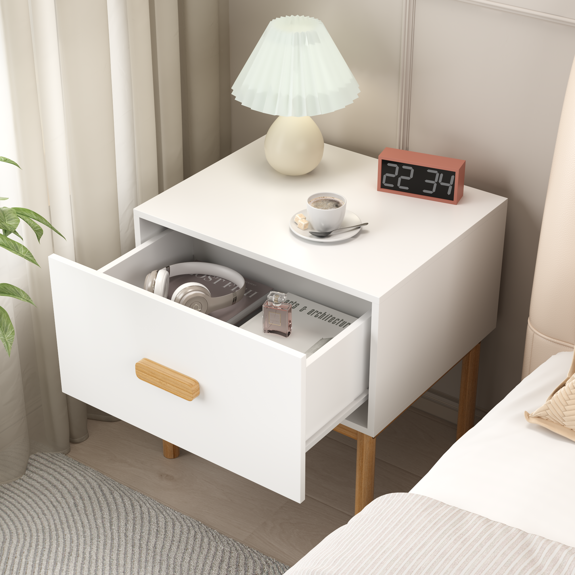Modern White Nightstand with Drawer and Wood Legs, Minimalist Bedside Table with Handle for Bedroom, Living Room, Apartment - Grand Goldman Shop