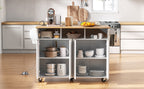 K&K 55.5' Fluted Kitchen Island with 2 Drop Leaf, Kitchen Storage Cart with Power Outlet, 4 Doors, Spice rack, Rolling Island Table with Wood-grain Top, Curved Edge for Kitchen, Dining Room,White - Grand Goldman Shop