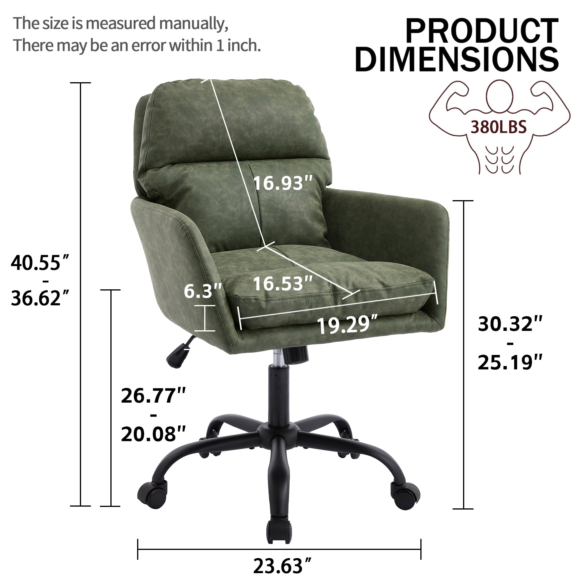 Green PU Leather Office Chair with Adjustable Height, Black Base, Ergonomic Design for Office, Bedroom, and Dressing Table | 